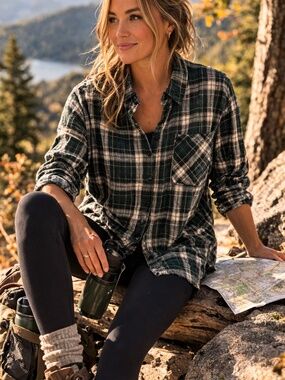 Orvis Lightweight Button-Up Shirt  – 100% Cotton – Green Red Check – Size Large